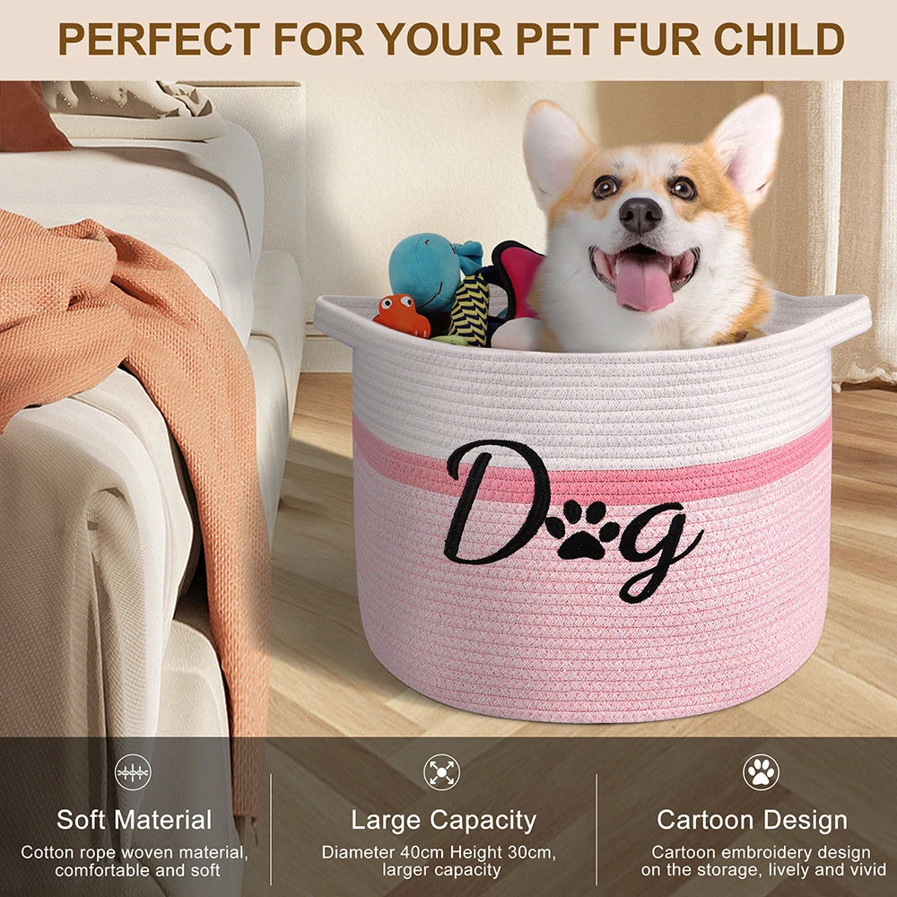 Durable Foldable Dog Toy Storage Basket – Pet Organizer Bin (Pink/Brown/Grey)