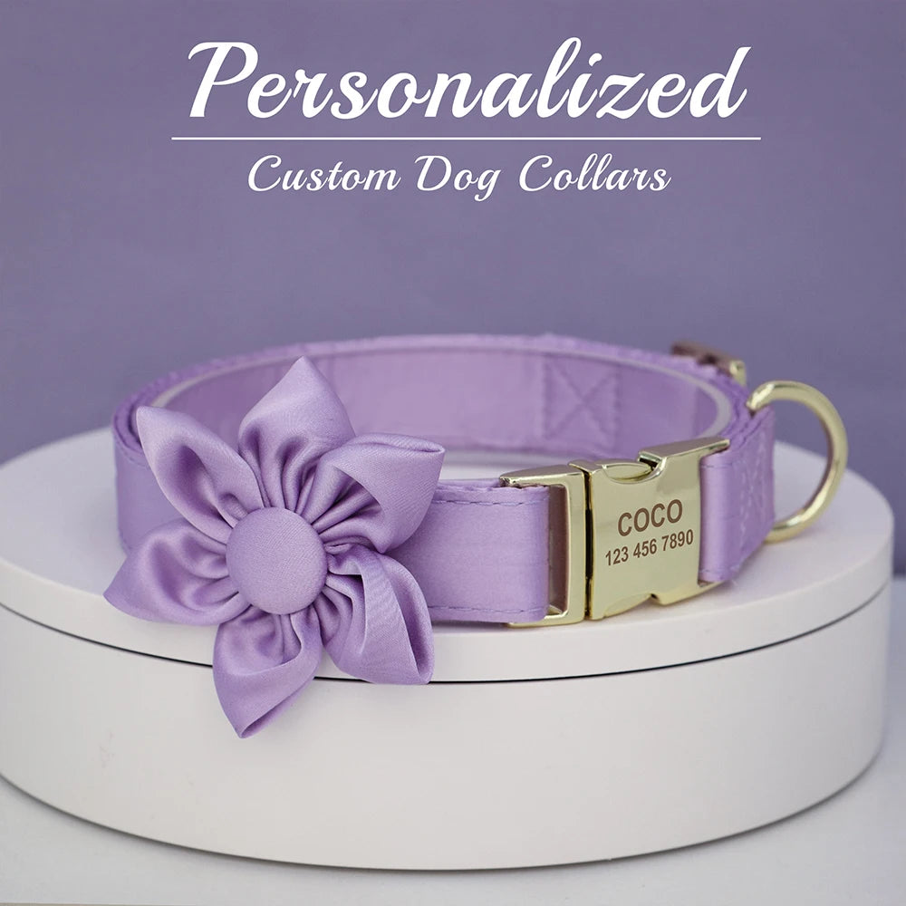 Personalized Silk Dog Collar with Bowtie & Flower – Custom Engraved ID Tag | Adjustable Wedding Collar for Small, Medium & Large Dogs