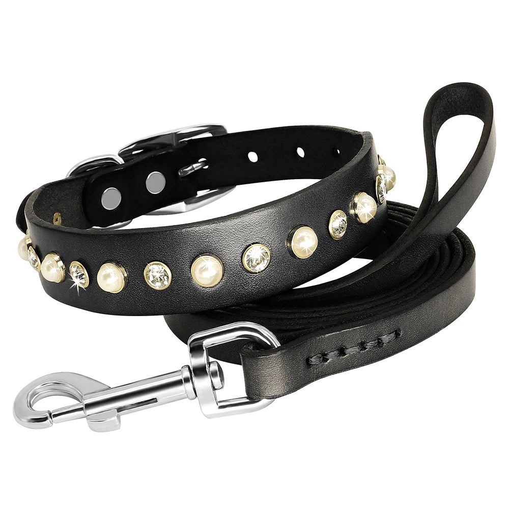 Genuine Leather Bling Collar & Leash Set – For Small & Medium Pets