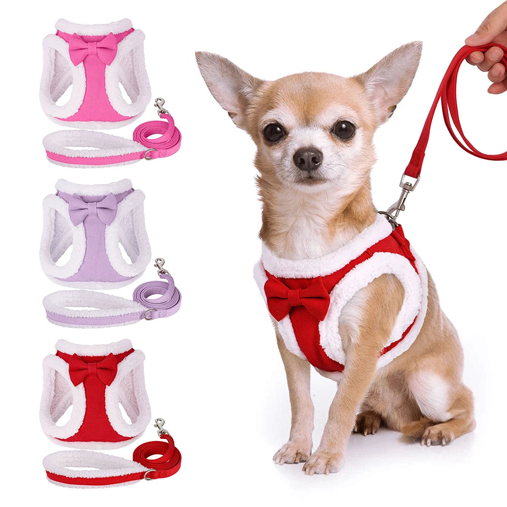 Winter Warm Dog Harness Leash Set – Soft Fleece Pet Vest with Bowtie for Small & Medium Dogs