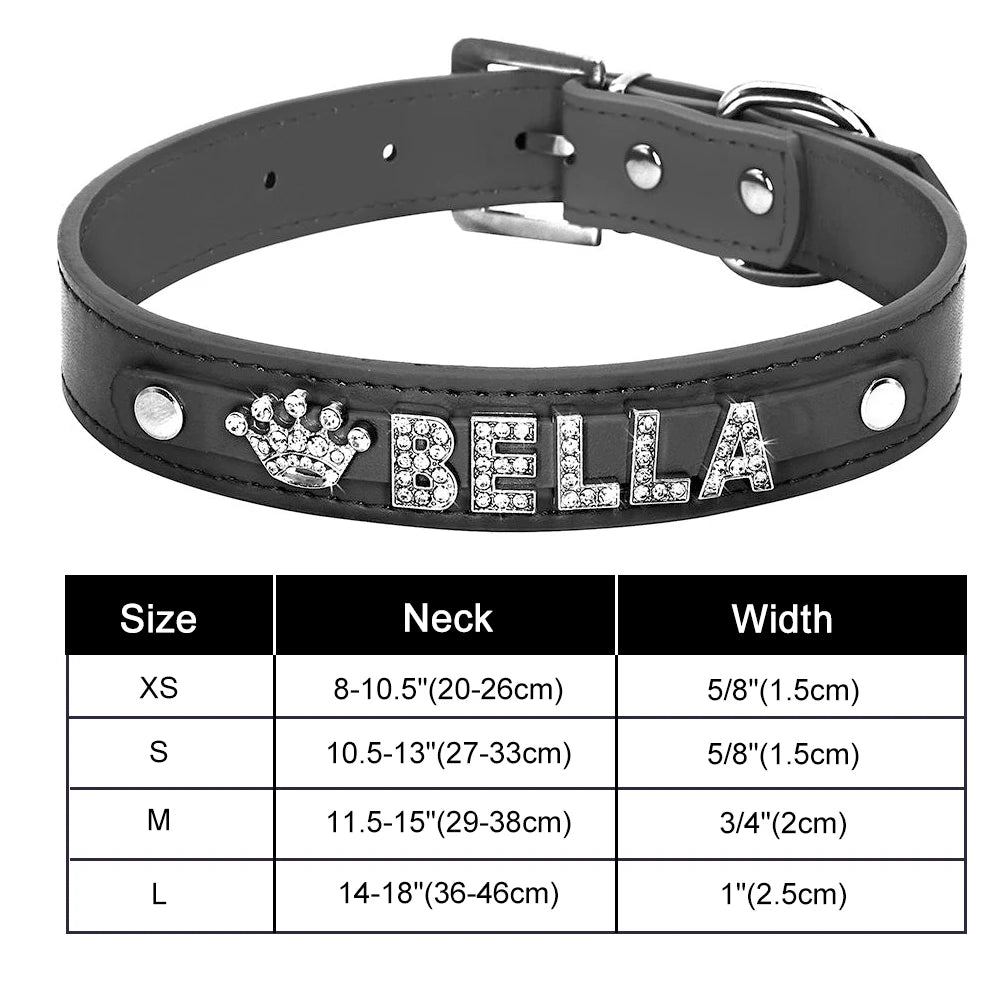 Bling Personalized Dog & Cat Collar – PU Leather Puppy Chihuahua Necklace with DIY Rhinestone Name & Free Charms