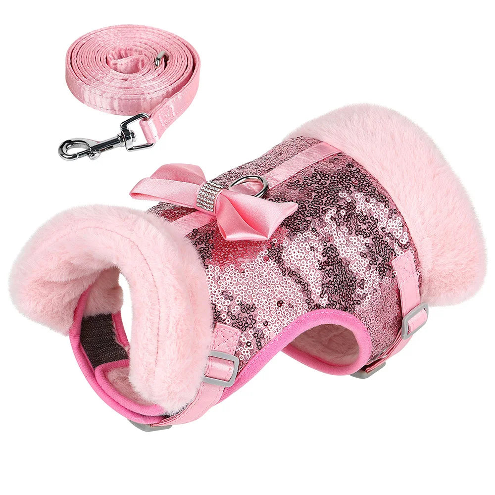 Warm Winter Dog Harness – Bling Rhinestone Fur Vest with Bowtie for Small & Medium Dogs and Cats