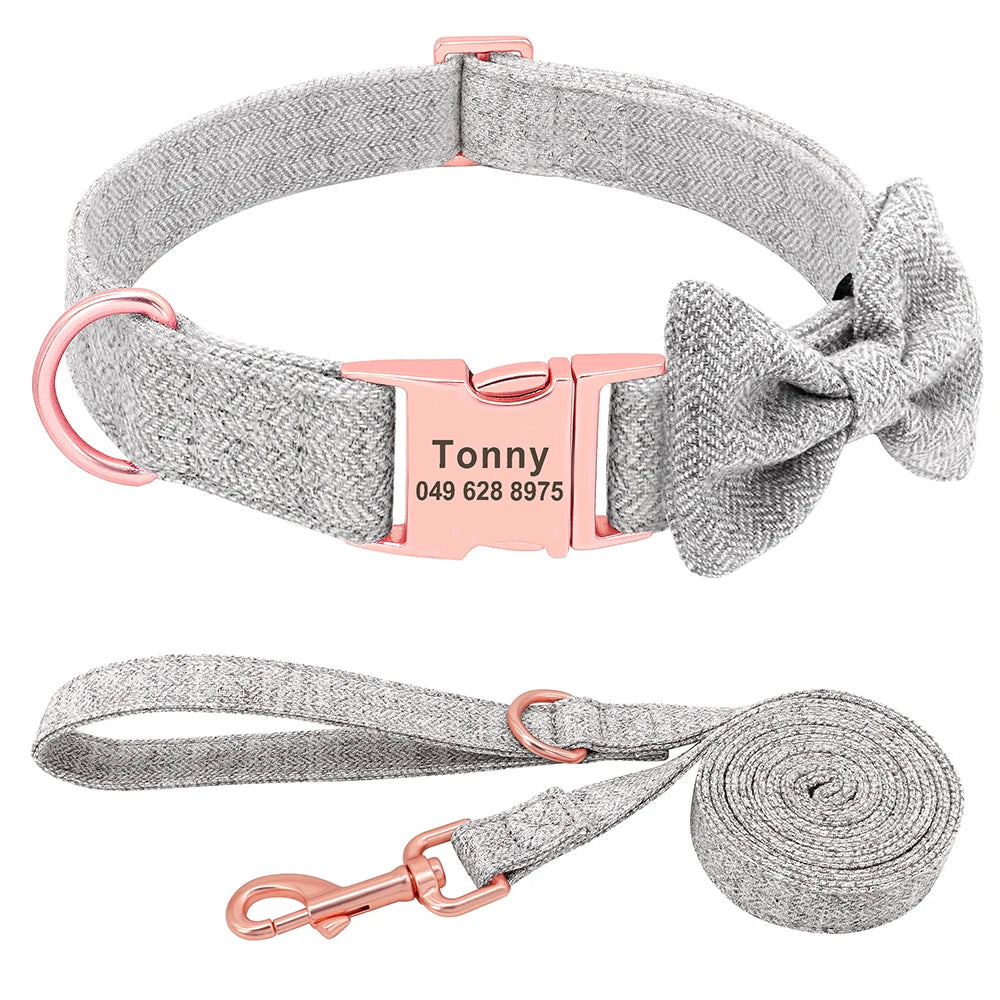 Customized Dog Collar & Leash Set – Personalized Pet Collars with Bowtie & Free Engraving
