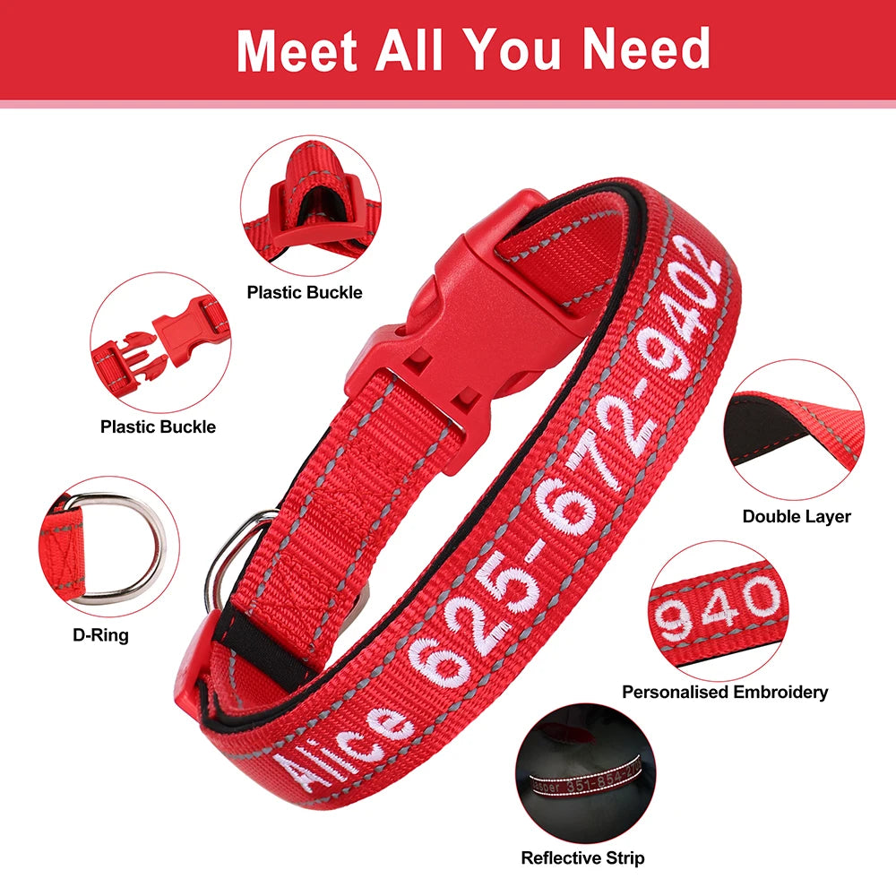 🦴 Custom Embroidered Reflective Dog Collar – Personalized Pet ID Name Nylon Collar for Small, Medium & Large Dogs