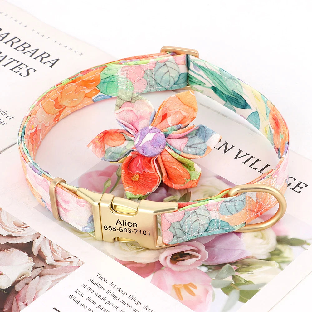 🌸 Personalized Floral Nylon Dog Collar with Free Engraving – Adjustable for Small, Medium, Large Dogs