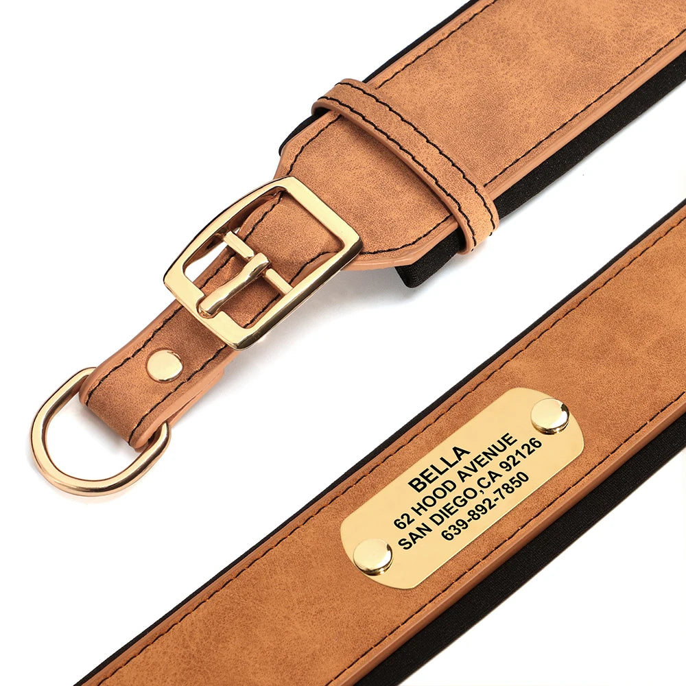 Customized Engraved Wide Leather Dog Collar – Soft Padded for Medium & Large Dogs