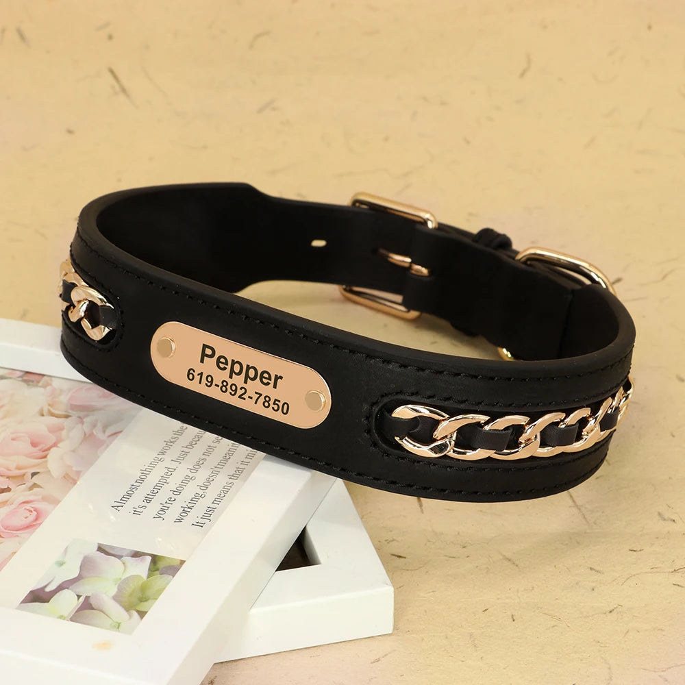 Personalized Leather Dog Collar – Custom Engraved Nameplate ID Tag for Small, Medium & Large Dogs