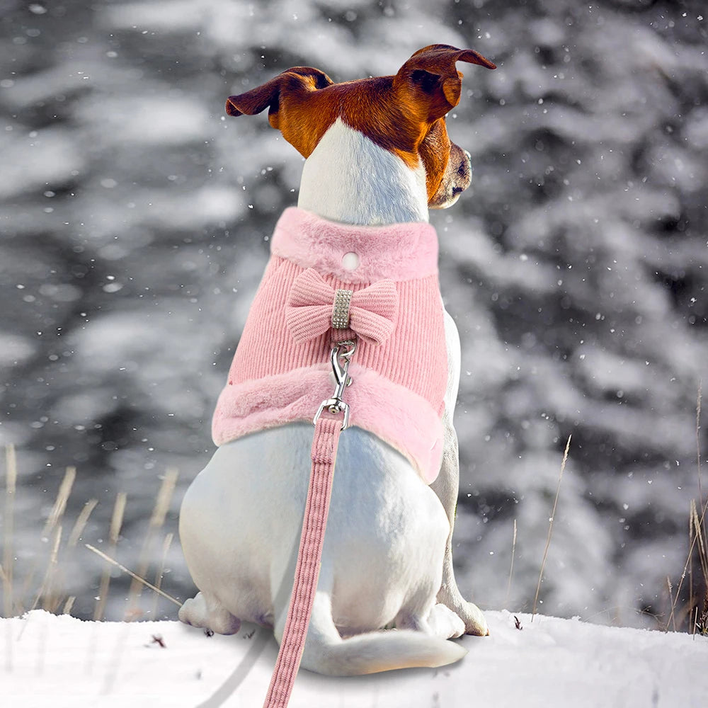 Soft Warm Dog Harness & Leash Set with Bowknot – Cute Vest Outfit for Small & Medium Dogs & Cats