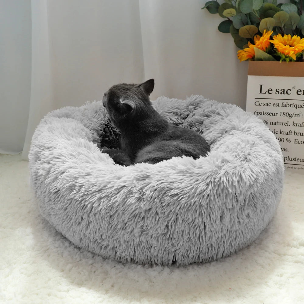 Long Plush Cat & Dog Bed – Soft Round Winter Pet Cushion Nest (50/60/70cm)