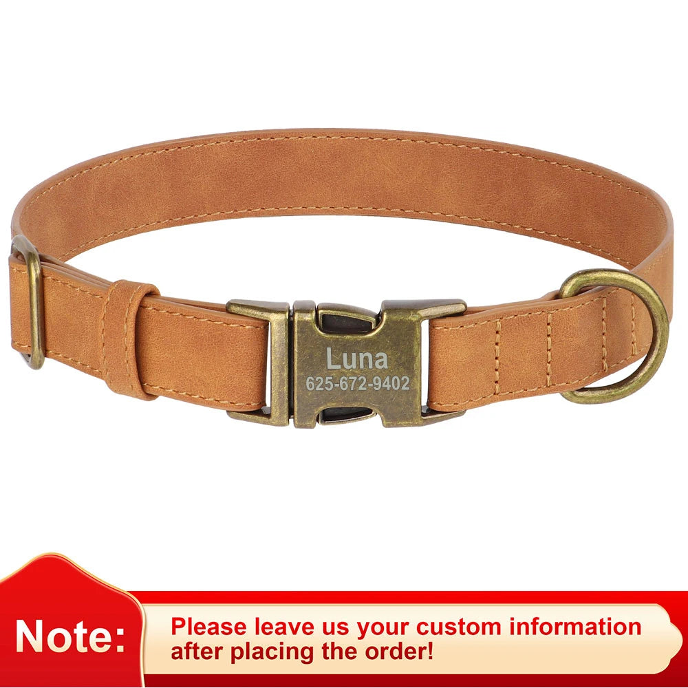 Personalized Anti-Lost Dog Collar – Custom ID Tag Engraved | PU Leather Collar with Free Nameplate for Dogs