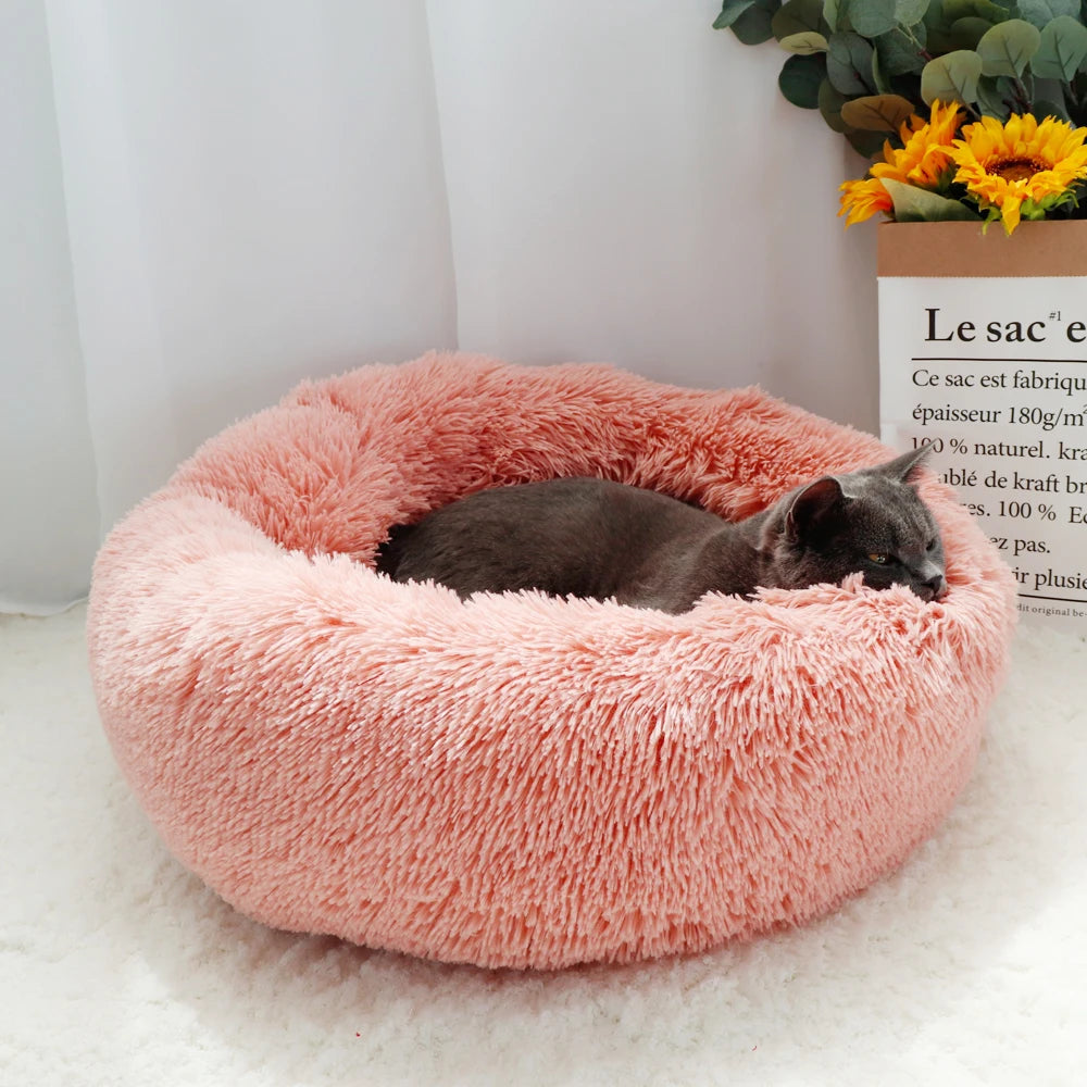 Long Plush Cat & Dog Bed – Soft Round Winter Pet Cushion Nest (50/60/70cm)