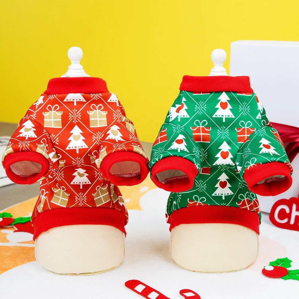 Christmas Dog T-Shirt – Holiday Outfit with Christmas Tree Pattern