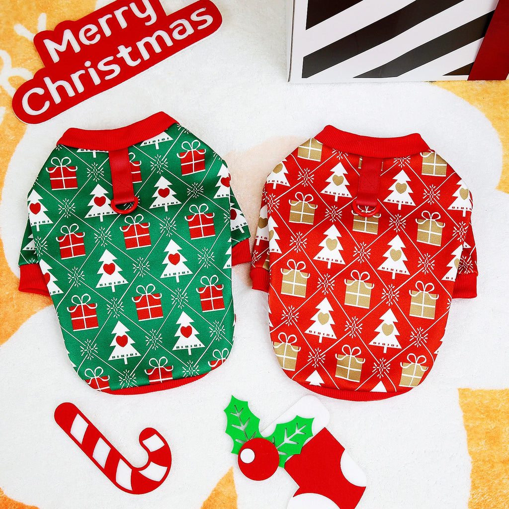 Christmas Dog T-Shirt – Holiday Outfit with Christmas Tree Pattern