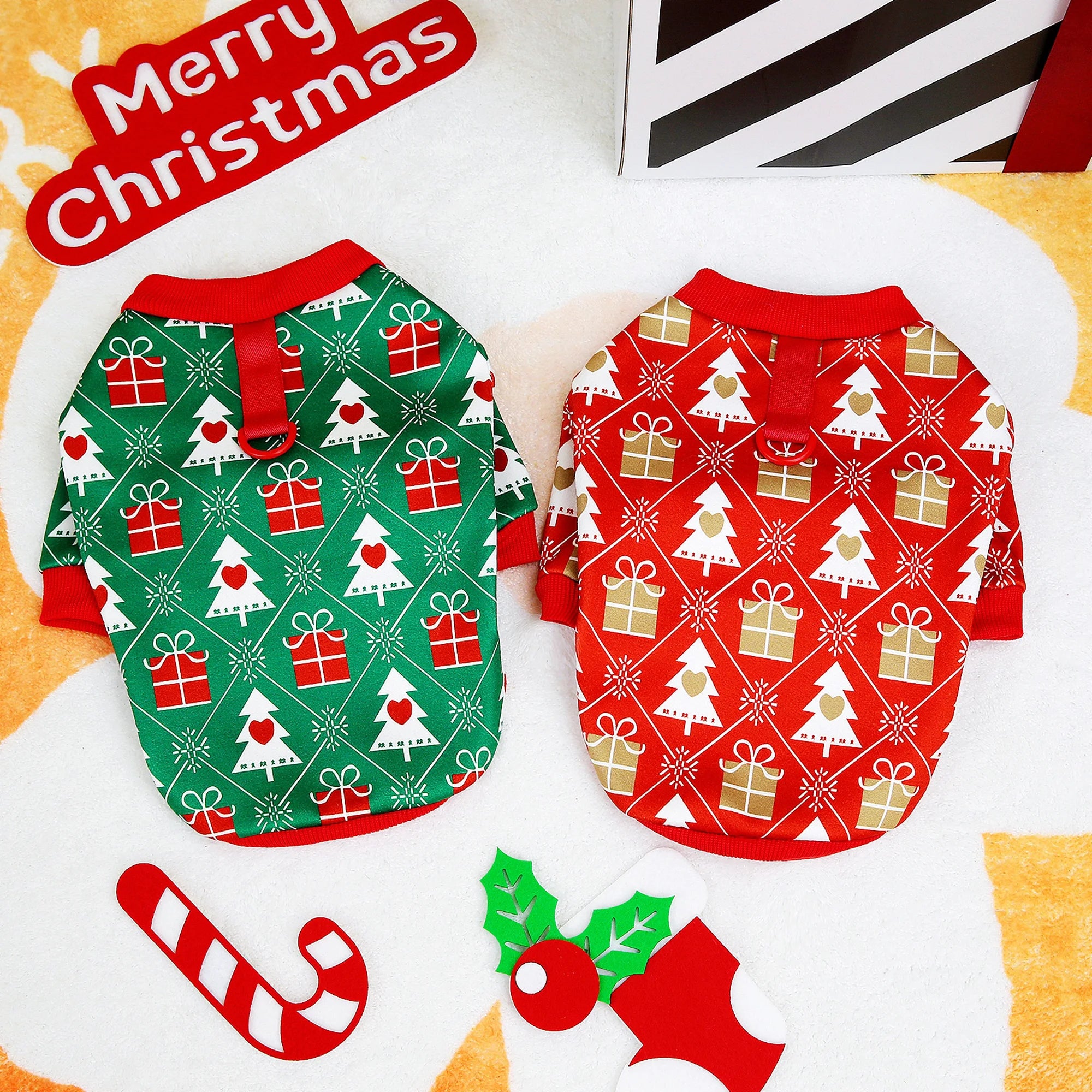 Christmas Dog T-Shirt – Holiday Outfit with Christmas Tree Pattern