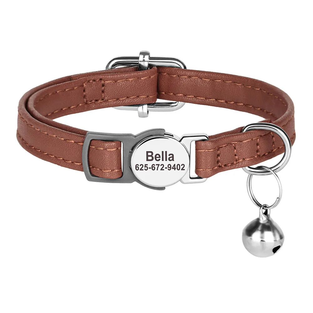 Personalized Cat Collar – PU Leather Adjustable Kitten & Puppy Collar with Engraved ID Nameplate & Bell, Anti-Lost Pet Collar