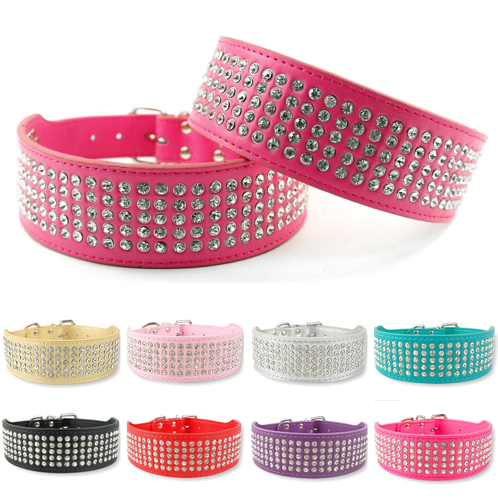 2" Width 5 Rows Rhinestone Dog Puppy Pet Collars – Bling Leather Diamante Collar XS–XL