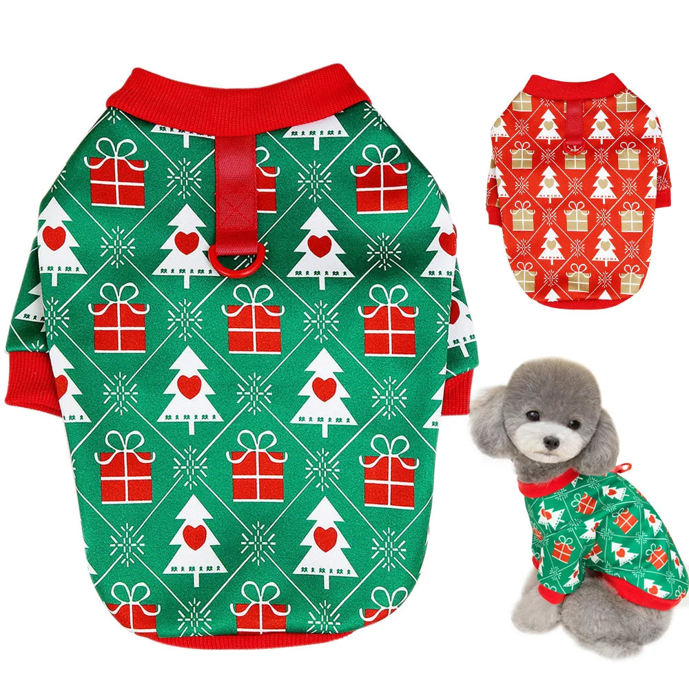Christmas Dog T-Shirt – Holiday Outfit with Christmas Tree Pattern