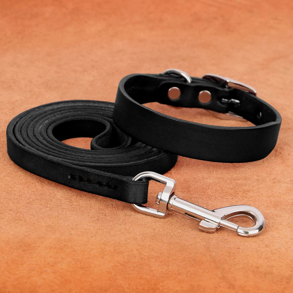Genuine Leather Dog Collar & Leash Set – Adjustable for Small, Medium & Large Dogs and Cats (XS–XL)