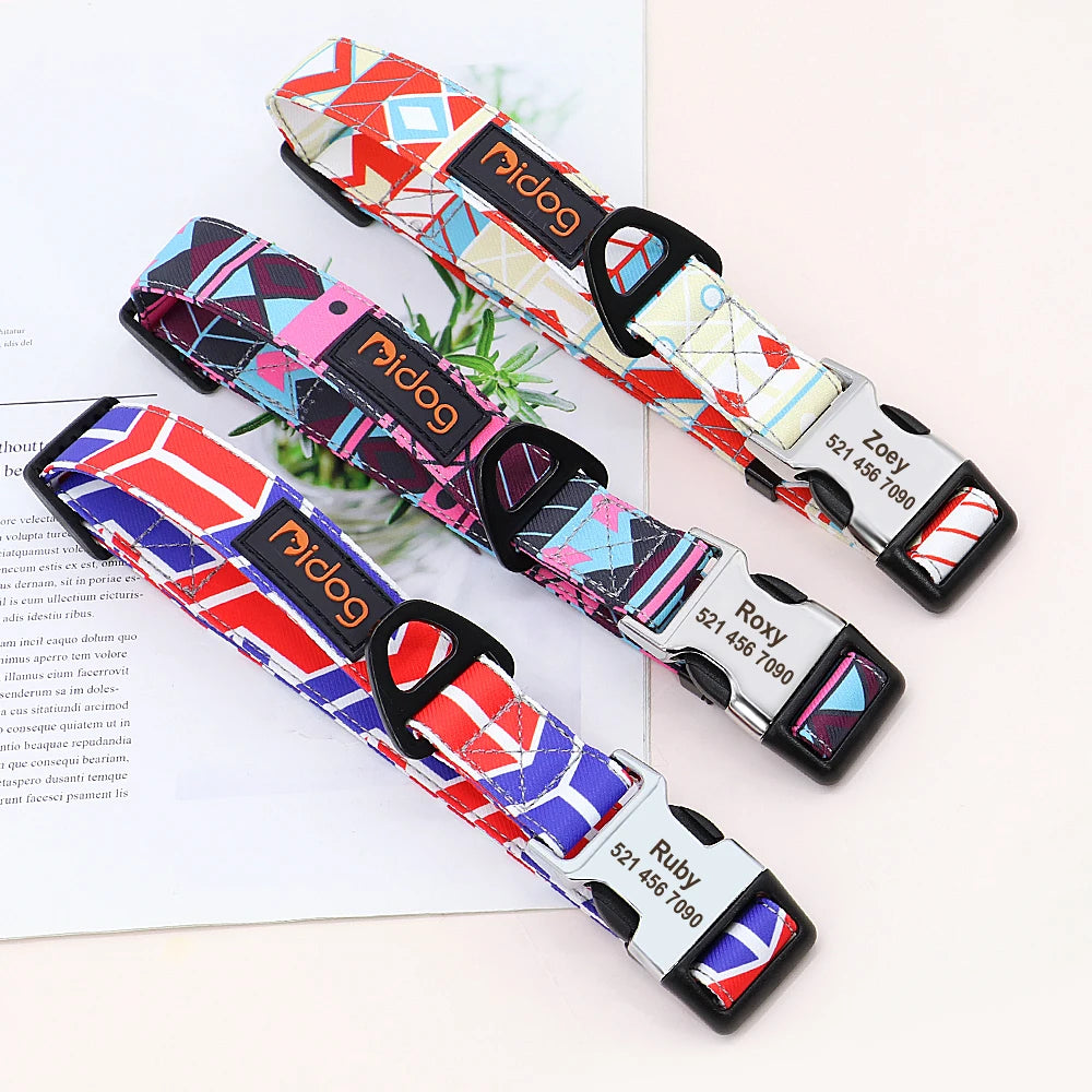 Personalized Nylon Dog Collar with Engraved Nameplate – Custom ID Tag for Small, Medium & Large Dogs
