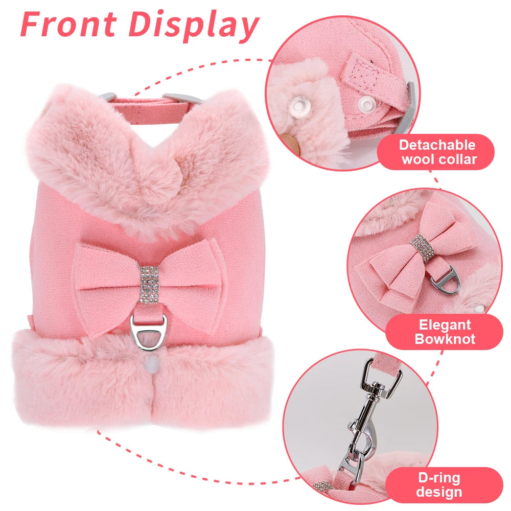 Warm Fur Dog Harness and Leash Set Rhinestone Bowknot Pet Vest Winter Pets Puppy Clothes Vest Small Dog Clothing French Bulldog