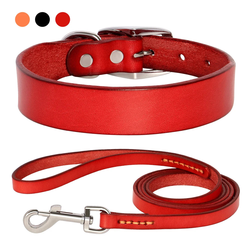 Genuine Leather Dog Collar & Leash Set – Adjustable for Small, Medium & Large Dogs and Cats (XS–XL)