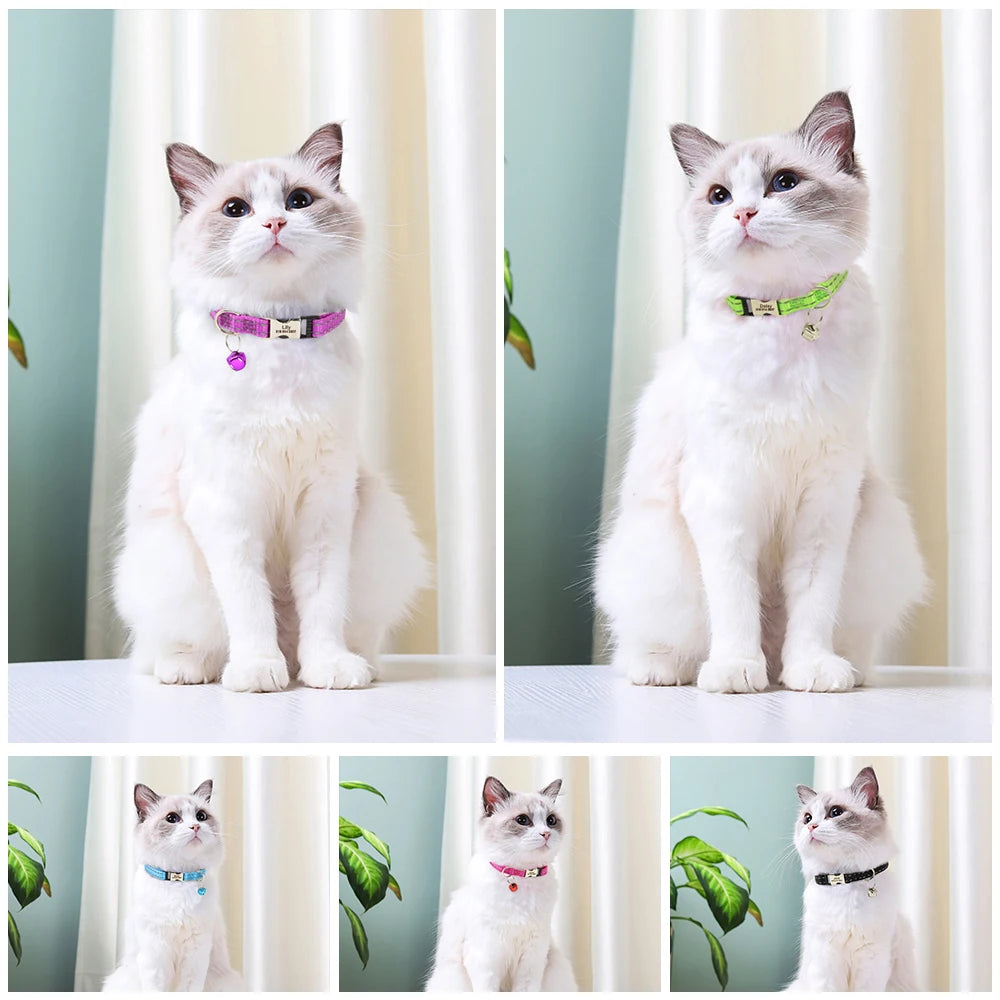 Personalized Pet Cat Collar Reflective Nylon Puppy Cat Collars Custom Engraved Pet Kitten Collar With Bell For Small Dogs Cats