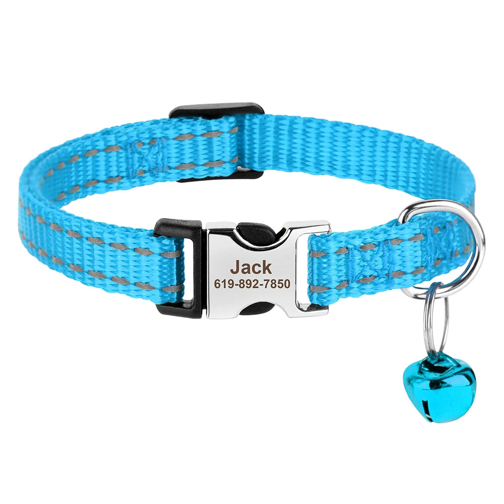 Reflective Personalized Nylon Dog & Cat Collar with Custom Engraved ID Tag & Bell – Adjustable Safety Collar for Small & Medium Pets