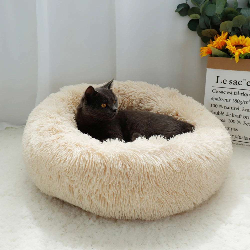 Long Plush Cat & Dog Bed – Soft Round Winter Pet Cushion Nest (50/60/70cm)