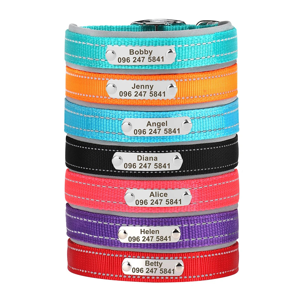 Personalized Reflective Nylon Dog Collar – Custom Engraved ID Tag for Small, Medium & Large Dogs