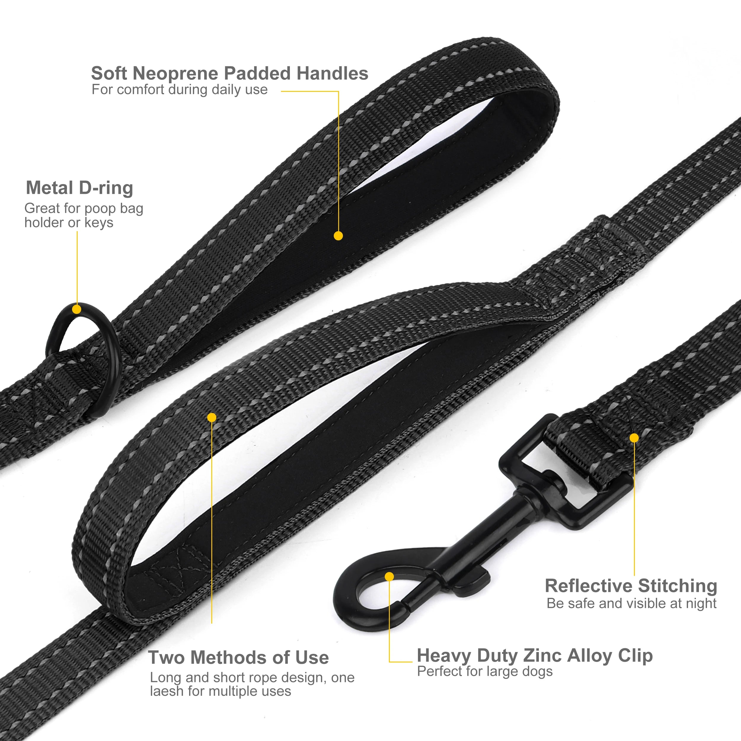 5ft Double Handle Nylon Padded Dog Leash – Reflective Training & Walking Lead for Medium Large Dogs