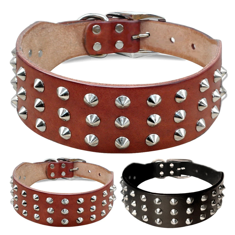 Spiked Studded Leather Dog Collar – Adjustable Anti-Bite Bulldog Collar for Small, Medium & Large Dogs