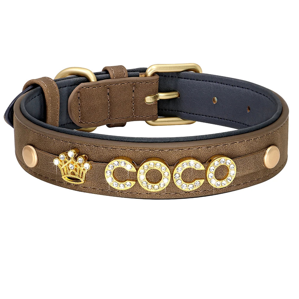 Custom Dog Name Collar – Bling Rhinestone Leather Collar with Free Charms & Personalized Letters