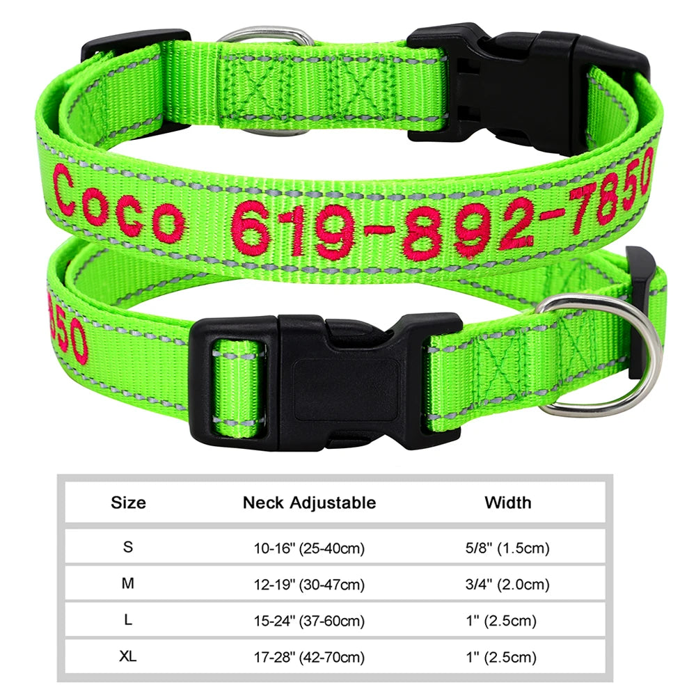 Personalized Embroidered Dog Collar – Reflective Nylon, Custom Name ID Tag – Small Medium Large Dogs