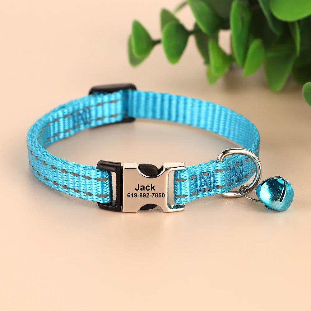 Reflective Personalized Nylon Dog & Cat Collar with Custom Engraved ID Tag & Bell – Adjustable Safety Collar for Small & Medium Pets