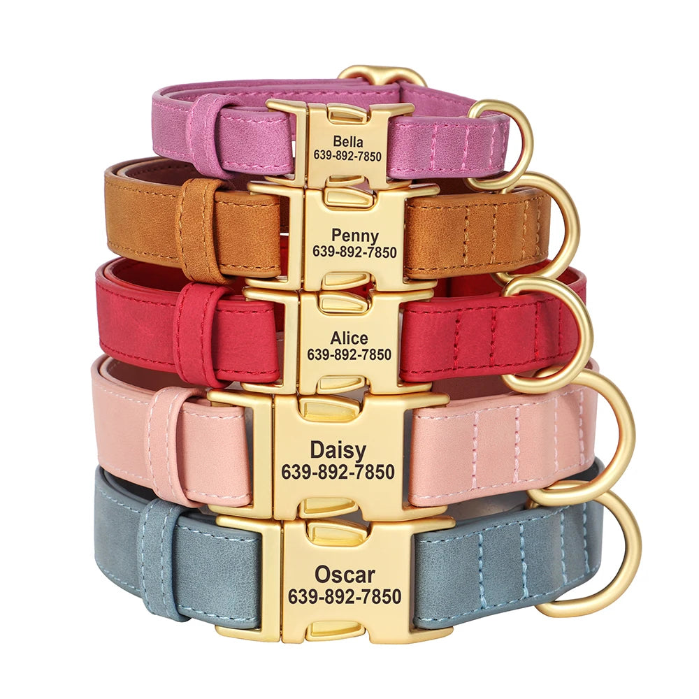Custom Engraved PU Leather Dog Collar – Anti-Lost ID Tag Included