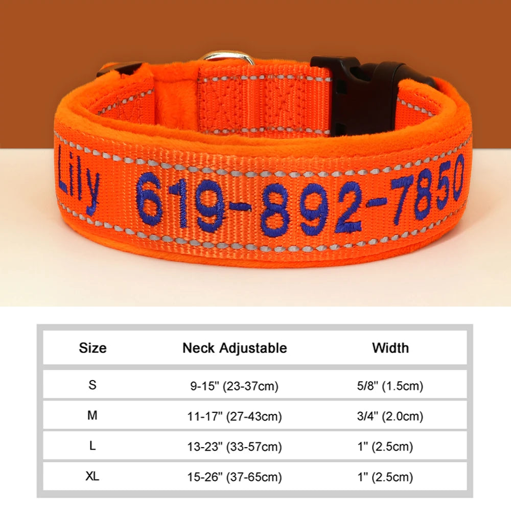 Personalized Embroidered Dog Collar – Reflective Nylon, Custom Name ID Tag – Small Medium Large Dogs