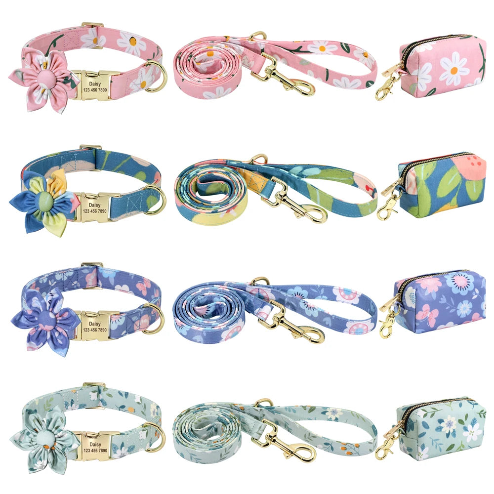 🌸 Personalized Floral Dog Collar, Leash & Poop Bag Set – Custom Name ID Tag – Adjustable for Small, Medium & Large Dogs