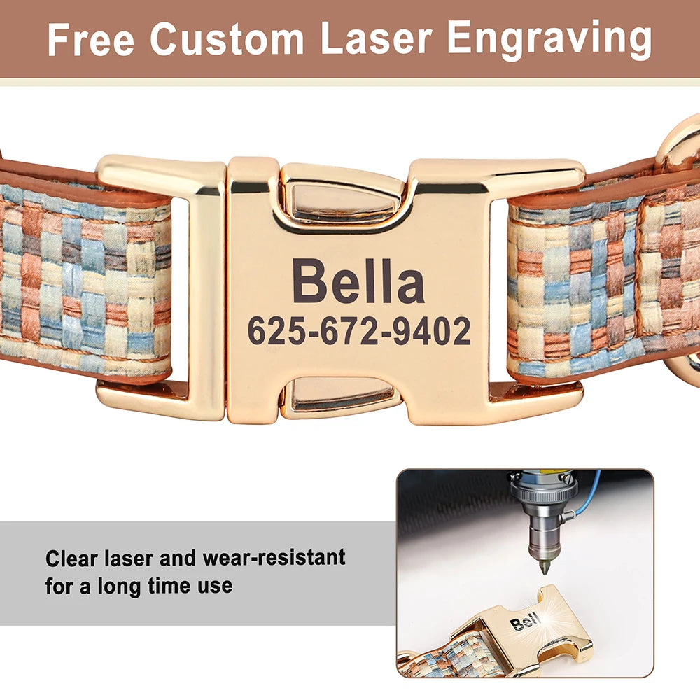 Custom Plaid Leather Dog Collar with Bow – Personalized Nameplate | Free Engraving | Small to Large Dogs