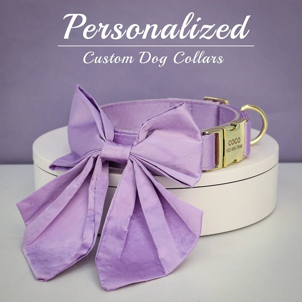 Personalized Silk Dog Collar with Bowtie & Flower – Custom Engraved ID Tag | Adjustable Wedding Collar for Small, Medium & Large Dogs