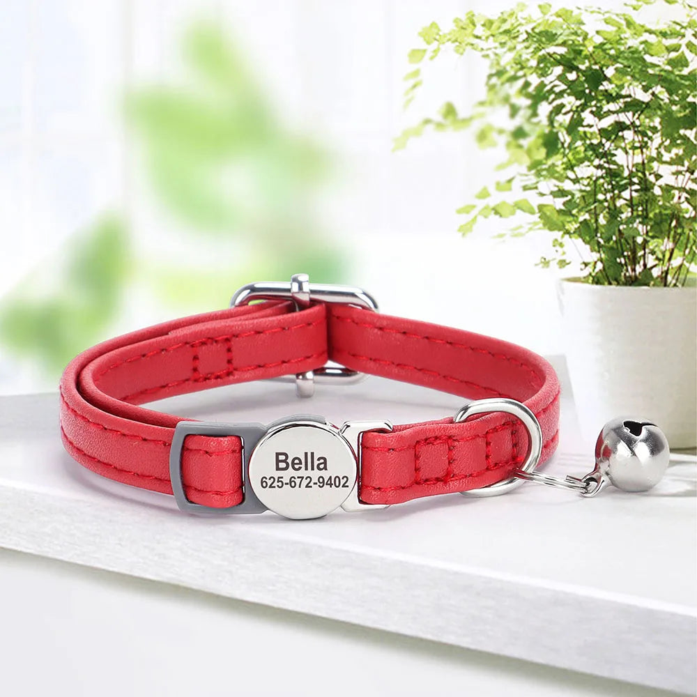 Personalized Cat Collar – PU Leather Adjustable Kitten & Puppy Collar with Engraved ID Nameplate & Bell, Anti-Lost Pet Collar
