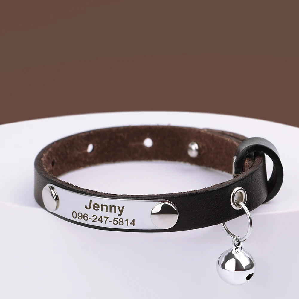 Personalized Leather Cat Collar – Adjustable Kitten & Puppy Collar with Free Engraved ID Tag