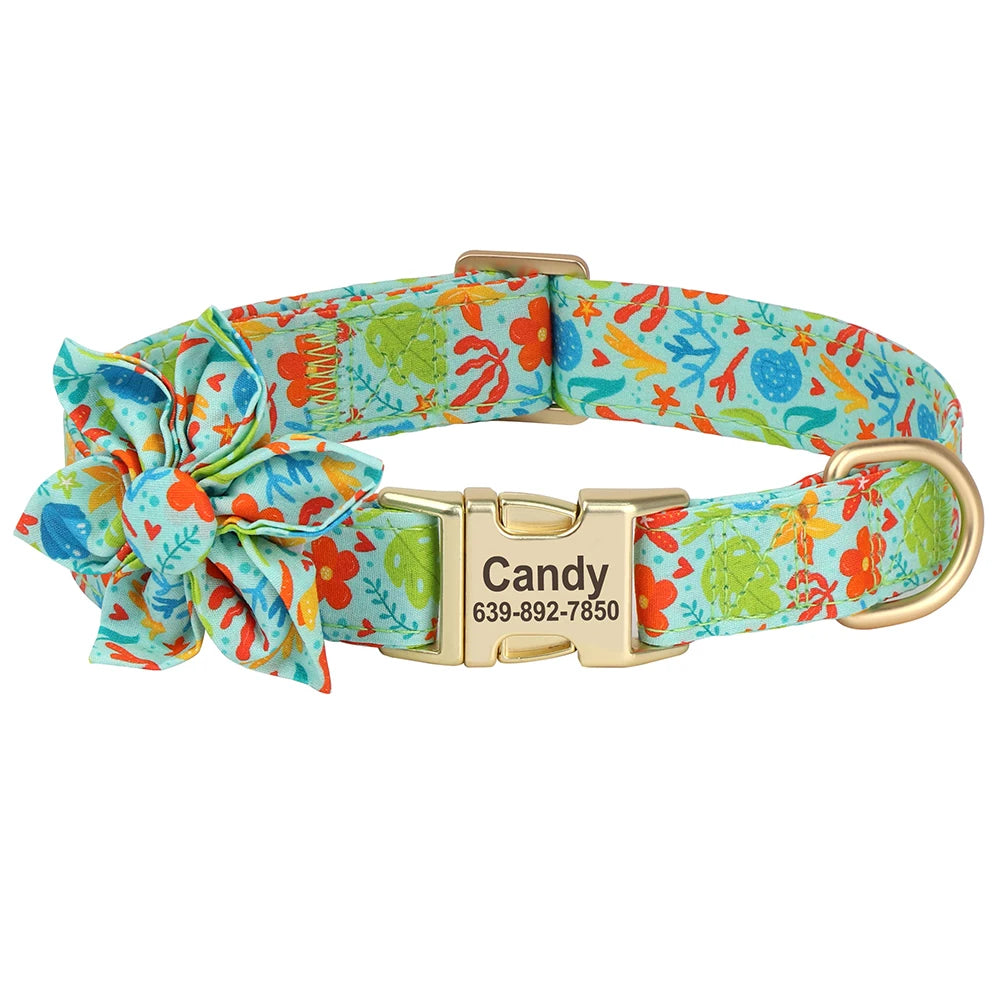 Personalized Dog Collar with Flower Print – Custom Engraved Nameplate | Adjustable Nylon Pet Collar for Small, Medium & Large Dogs
