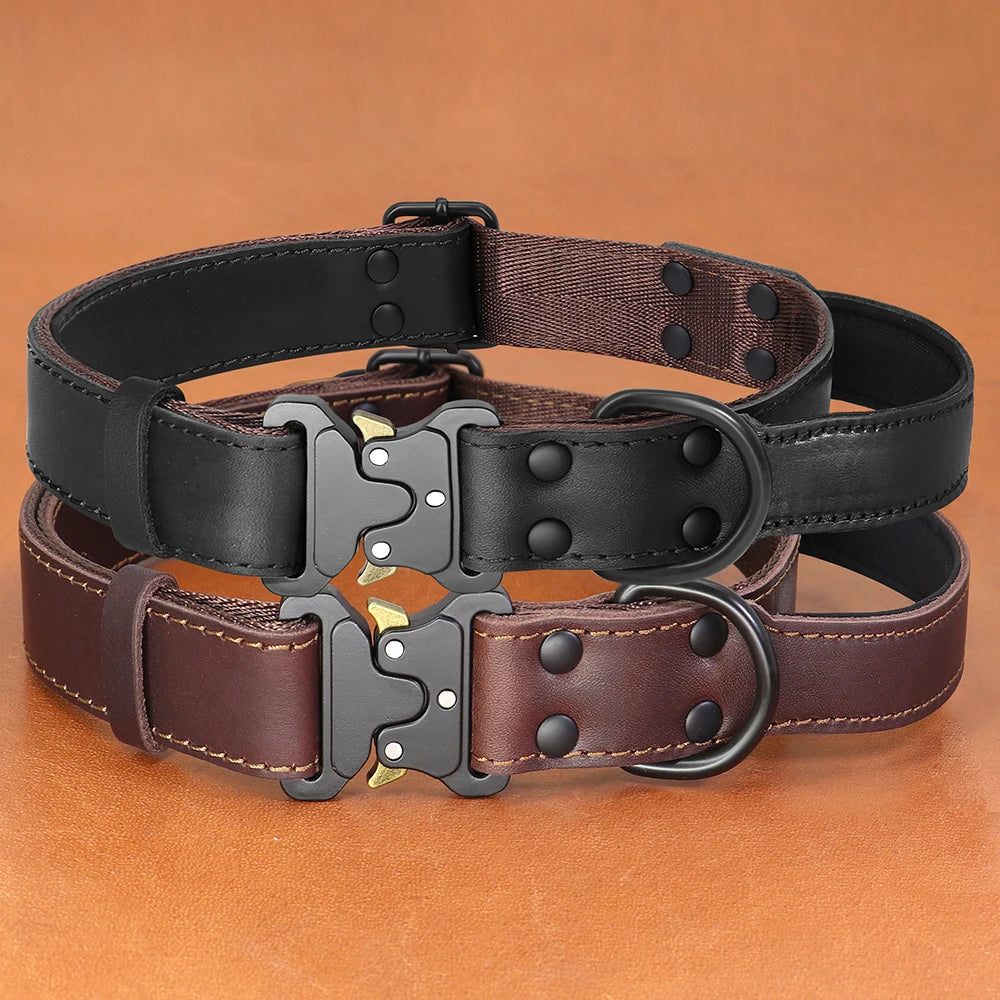 Real Leather Dog Collar with Handle – Tactical Military Training Collar for Medium & Large Dogs (German Shepherd, Hunting & Working Dogs)