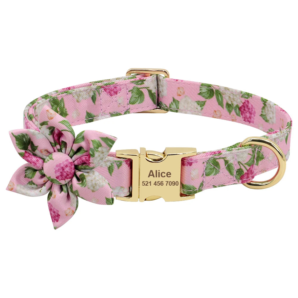 Personalized Dog Collar with Flower Print – Custom Engraved Nameplate | Adjustable Nylon Pet ID Collar for Small, Medium & Large Dogs