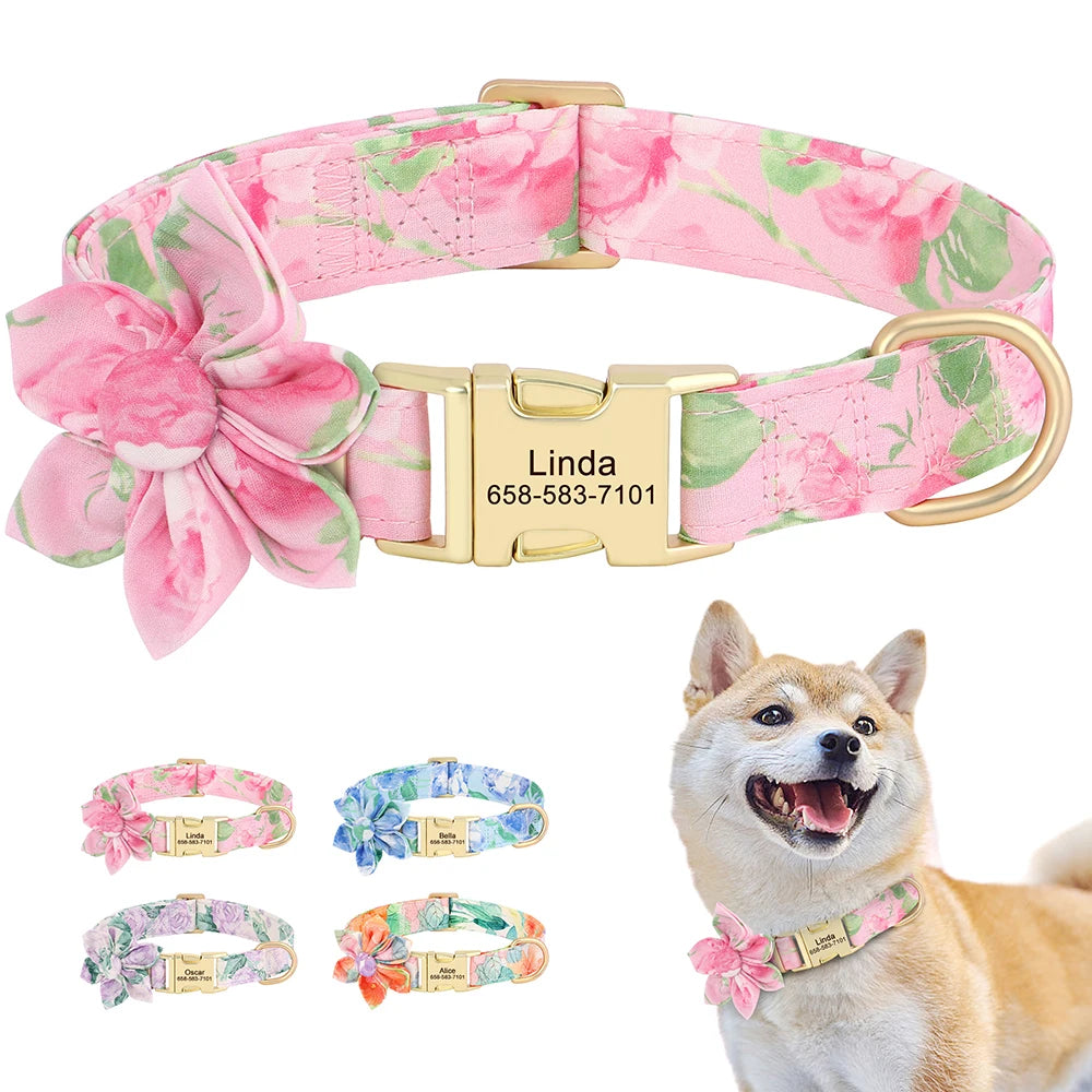 🌸 Personalized Floral Nylon Dog Collar with Free Engraving – Adjustable for Small, Medium, Large Dogs