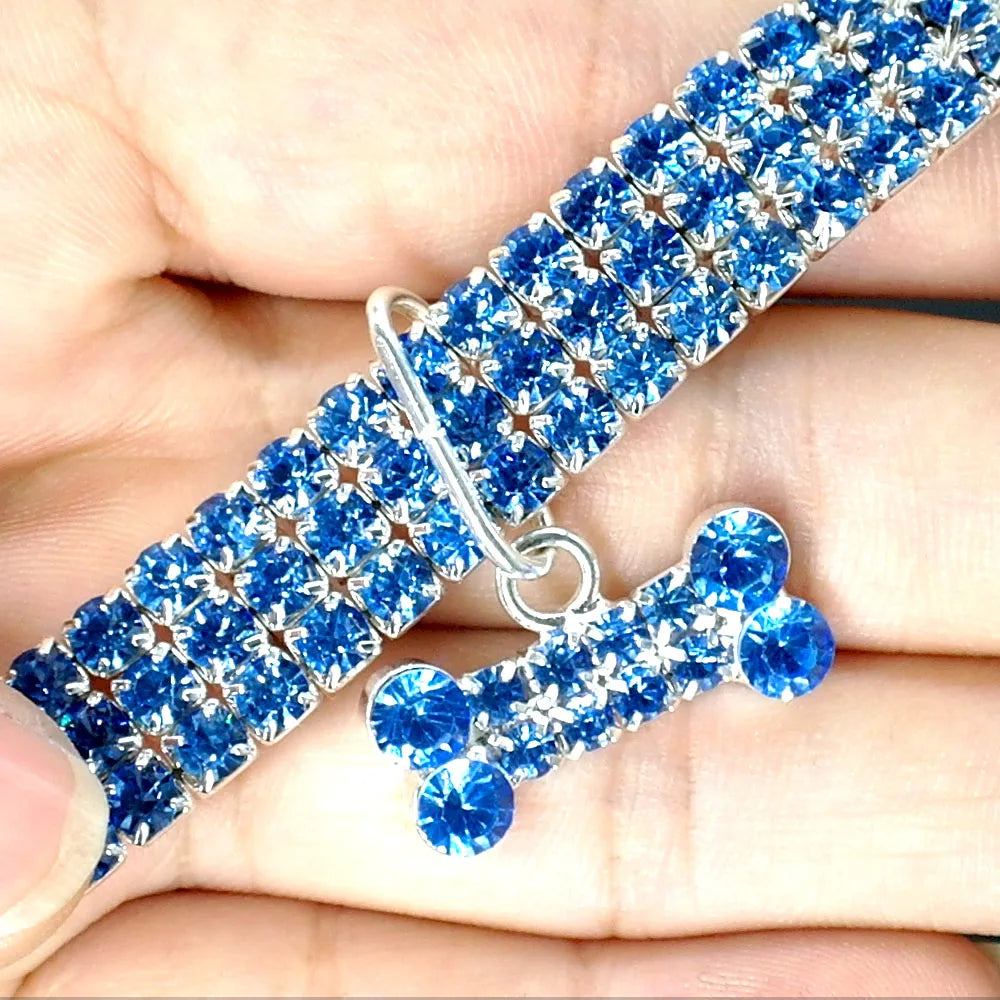 Bling Rhinestone Dog Collar with Crystal Bone Pendant – Adjustable Jewelry Necklace for Small & Medium Dogs (S/M/L, Pink/Blue/White)