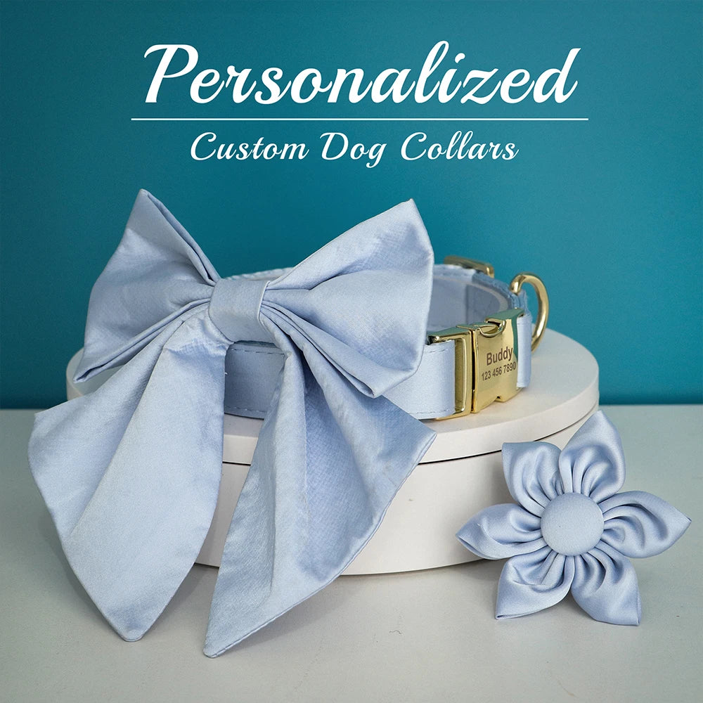 Personalized Silk Dog Collar with Bowtie & Flower – Custom Engraved ID Tag | Adjustable Wedding Collar for Small, Medium & Large Dogs
