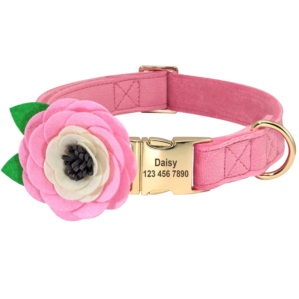 Personalized Floral Dog Collar – Custom Engraved Buckle with Cute Flower Accessory for Dogs & Cats
