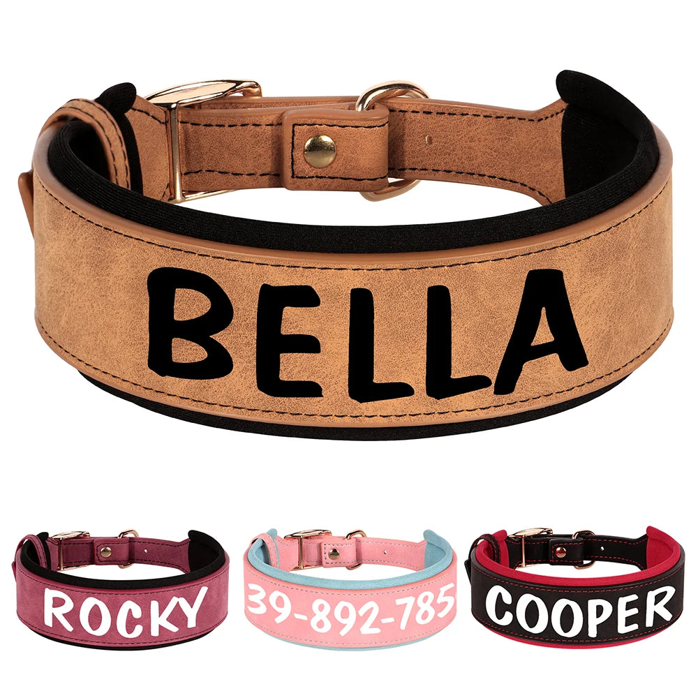 Custom Print Dog Collar – Wide Soft Padded PU Leather Name Collar for Medium & Large Dogs (Free Personalized Print)