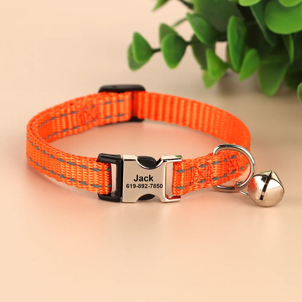 Reflective Personalized Nylon Dog & Cat Collar with Custom Engraved ID Tag & Bell – Adjustable Safety Collar for Small & Medium Pets
